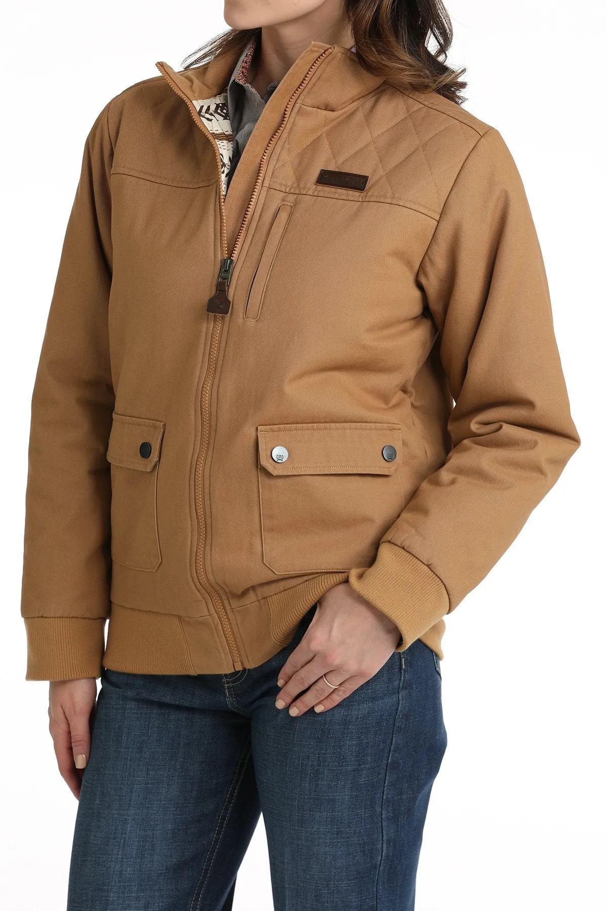 Cinch Women's Canvas Bomber Jacket in Brown Temperature Regulating Fabric