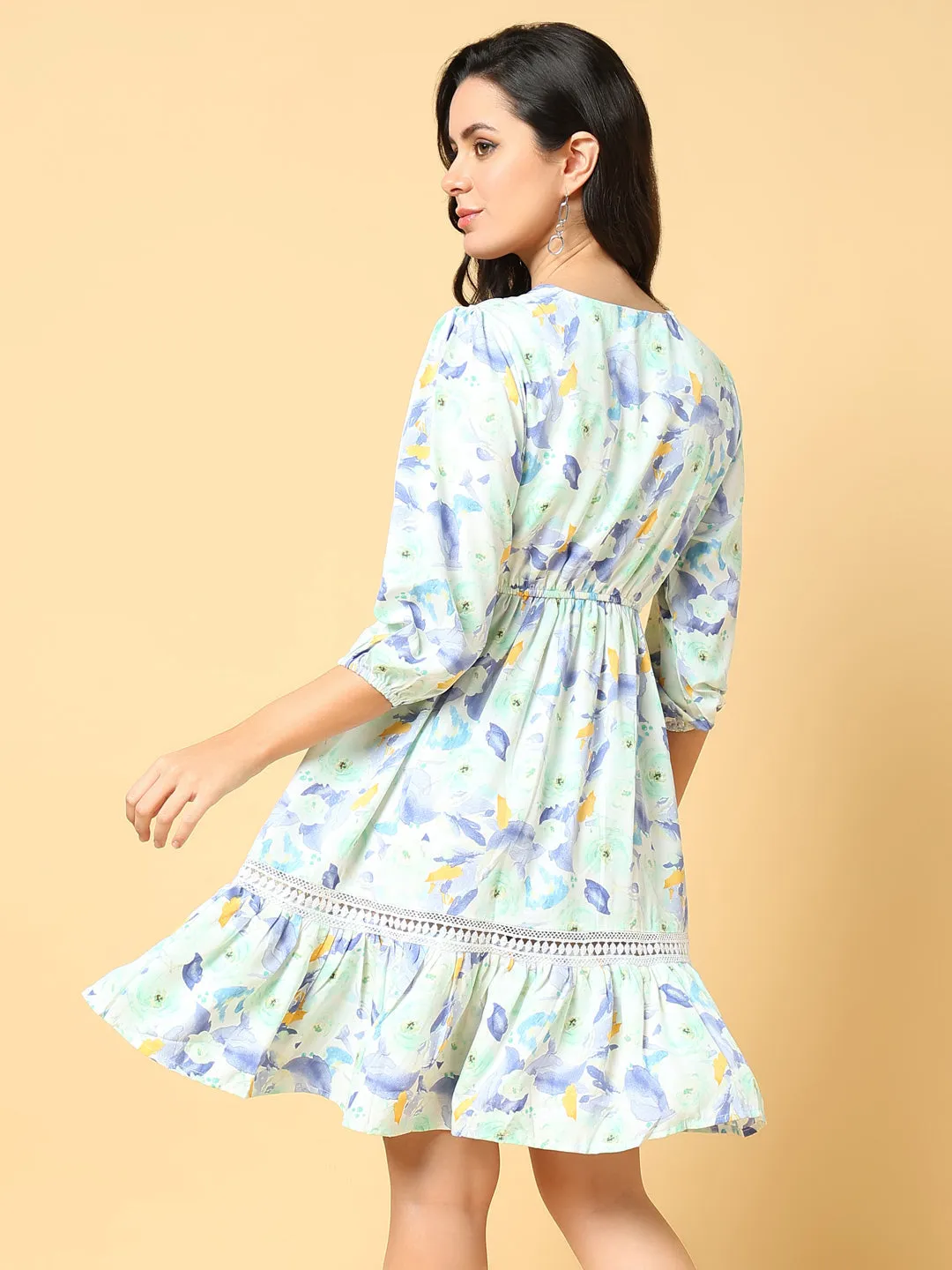 Women's Green Floral Print Puff Sleeve Fit & Flare Dress Sleek Outline Pure Stitch