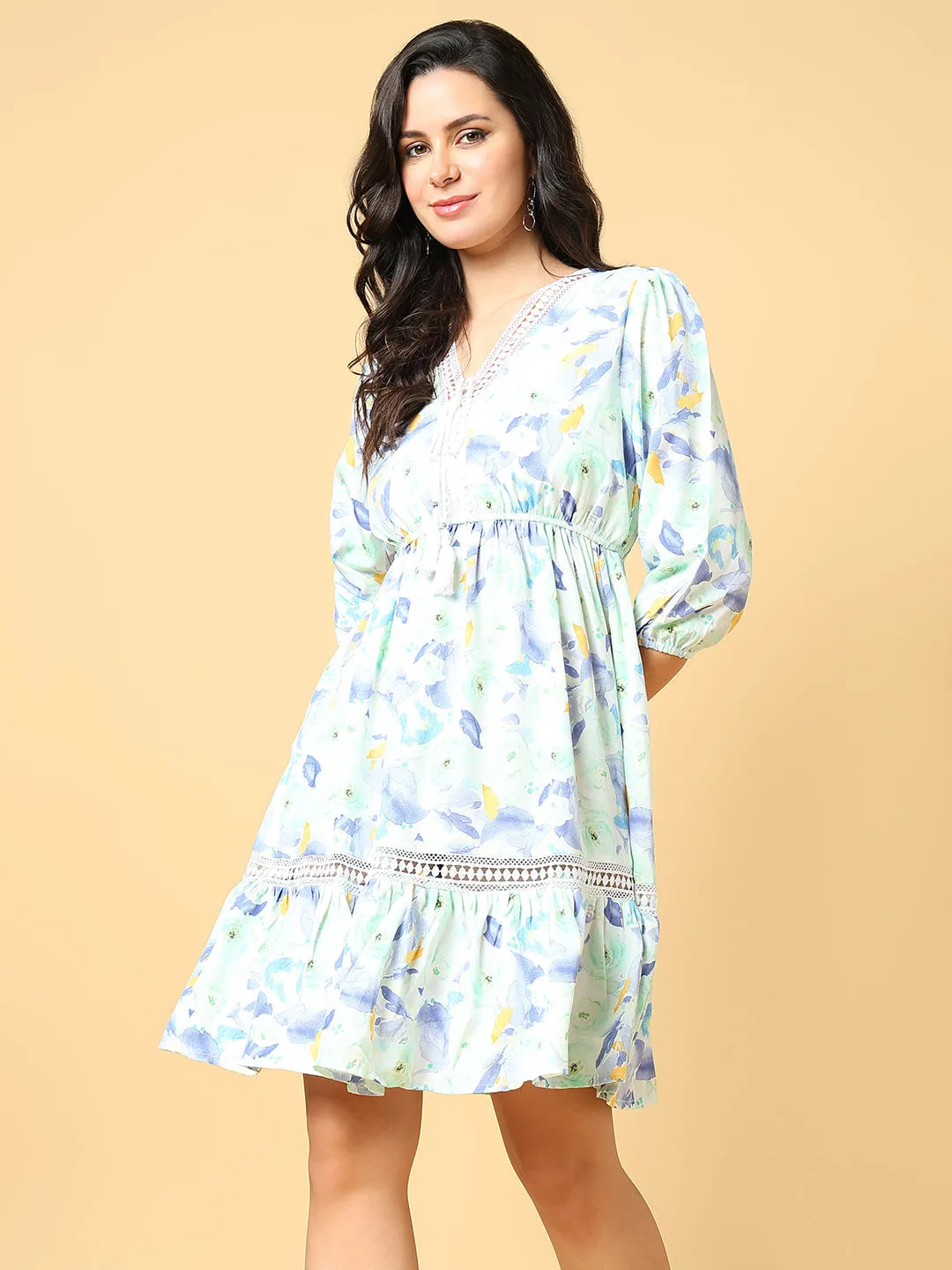 Monochrome Mood Women's Green Floral Print Puff Sleeve Fit & Flare Dress