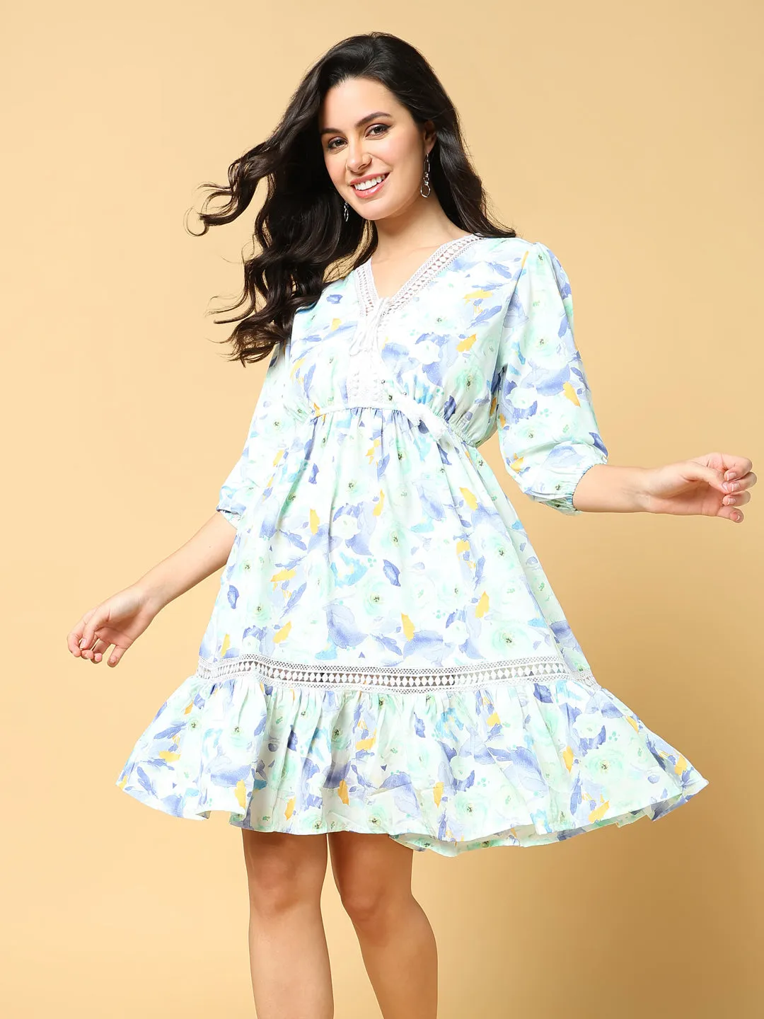 Women's Green Floral Print Puff Sleeve Fit & Flare Dress Daily Option Special-Occasion