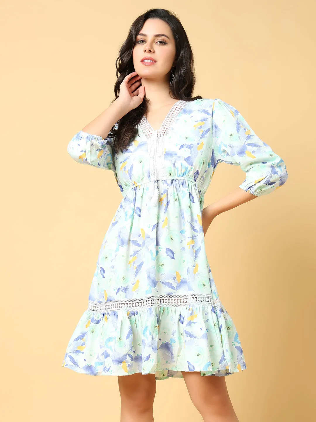 Seasonal piece Spring Style Women's Green Floral Print Puff Sleeve Fit & Flare Dress
