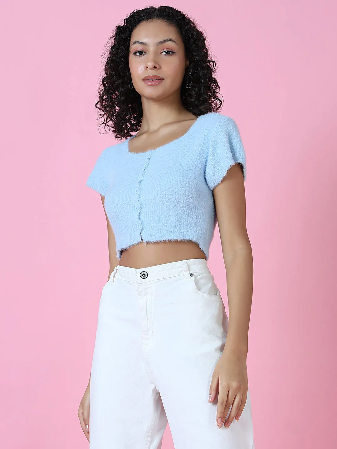 Women's Blue Crop Top Playful Prints