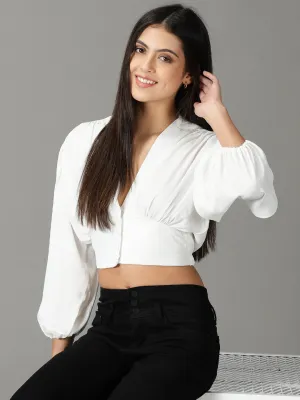 Best Seller Women's White Solid Cinched Waist Top
