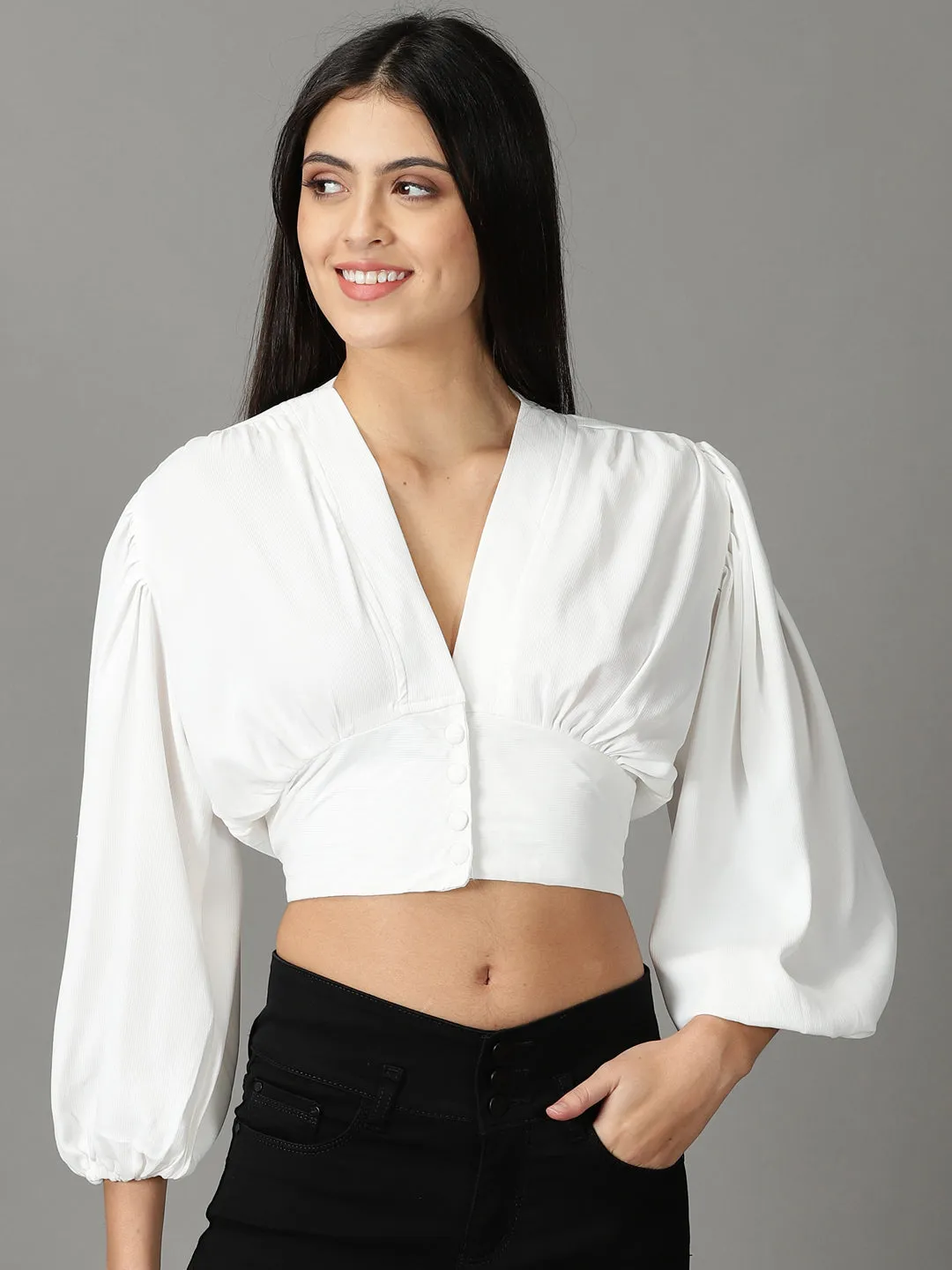 LayeredSleeveConstruction Women's White Solid Cinched Waist Top