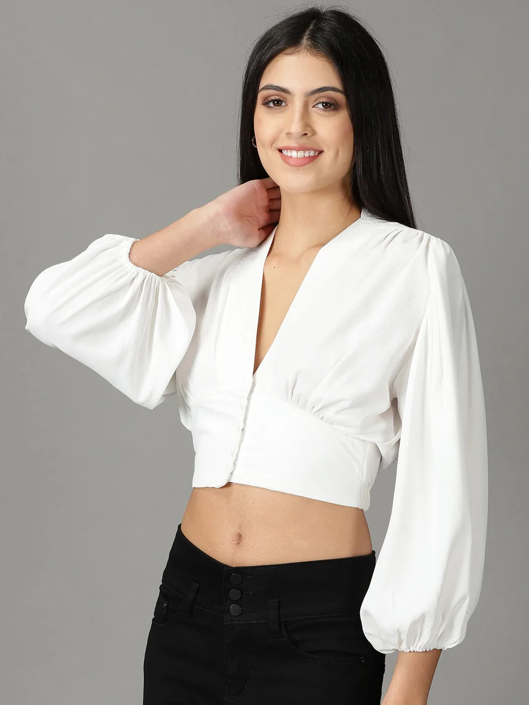 Women's White Solid Cinched Waist Top SunProtectionFabric