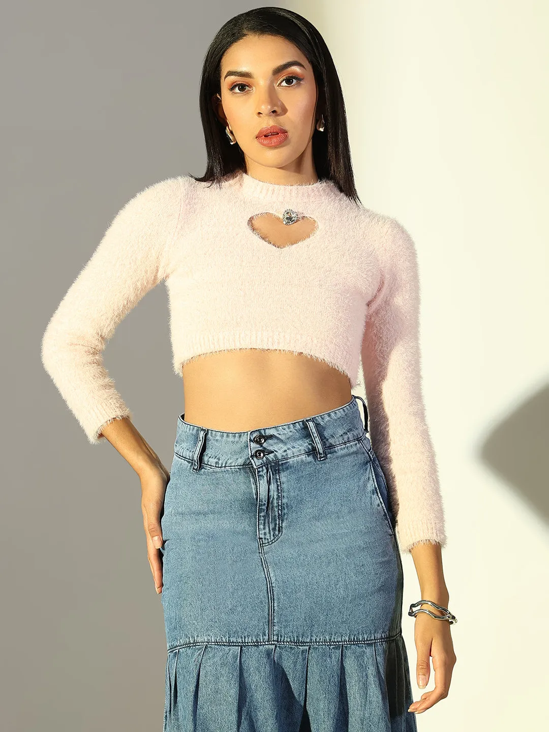 BreathableFabric Breathable Comfort Design Women's Pink Fuzzy Full sleeves Crop Top with Heart Shape Key hole