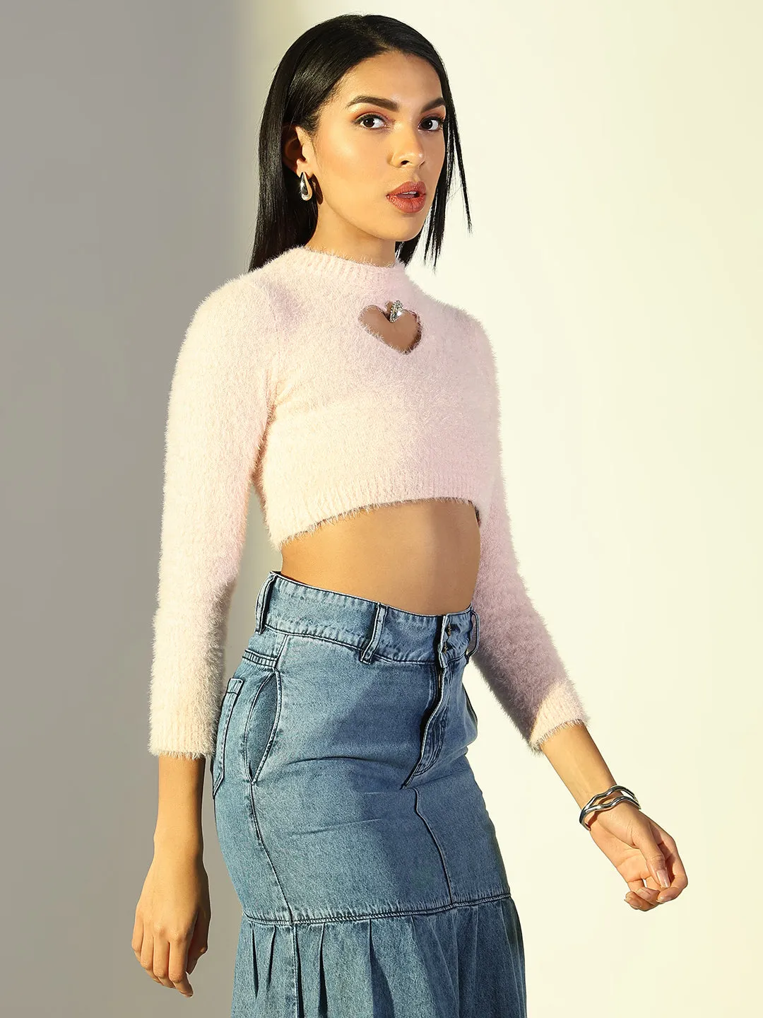 Street Style Thermoregulating Fabric Women's Pink Fuzzy Full sleeves Crop Top with Heart Shape Key hole