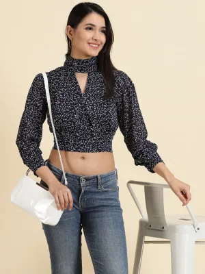Trendy Top Light Fit Women's Navy Blue Geometric Print Keyhole Neck Chiffon Crop Top