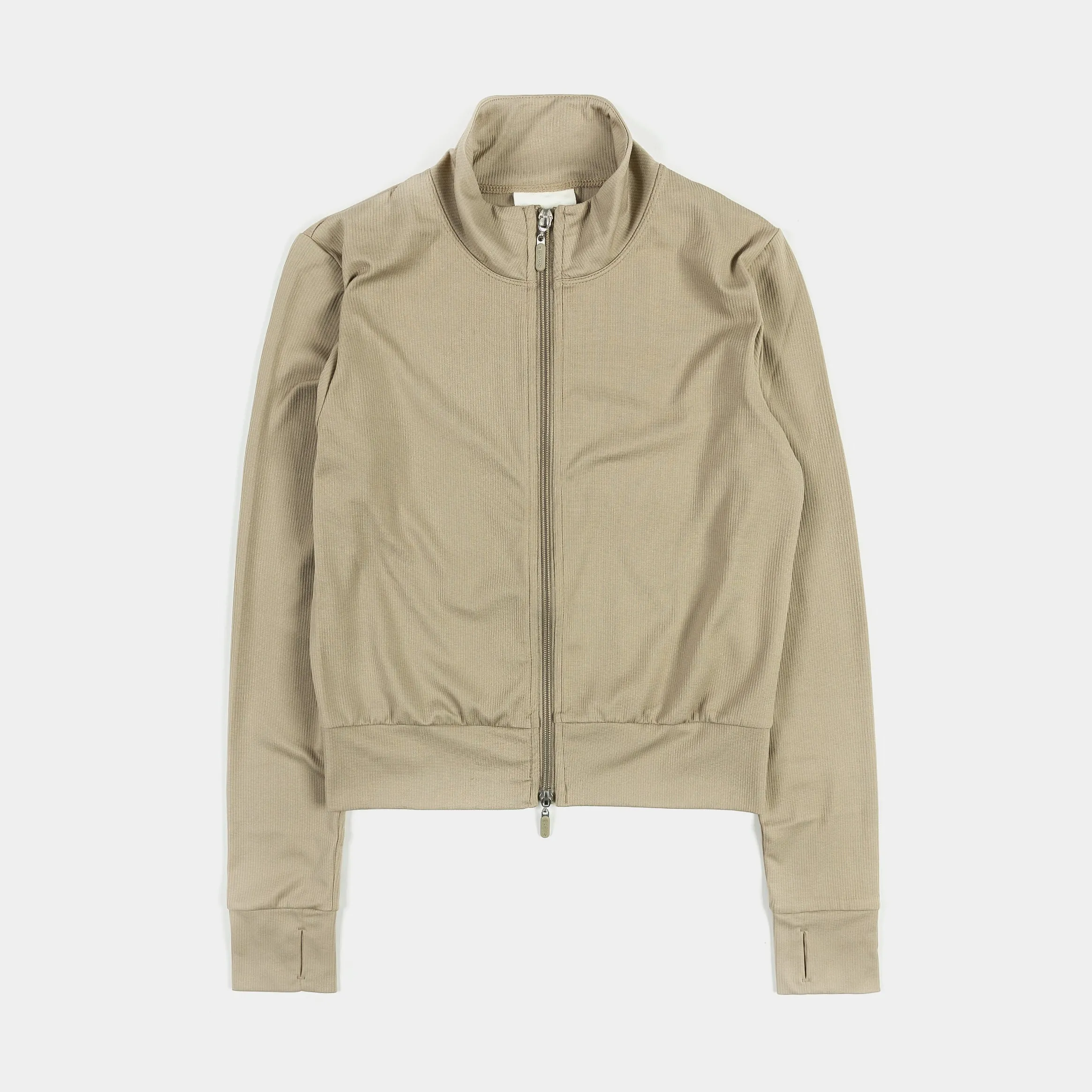 Fine Weave Ribbed Full Zip Womens Long Sleeve Shirt (Taupe)