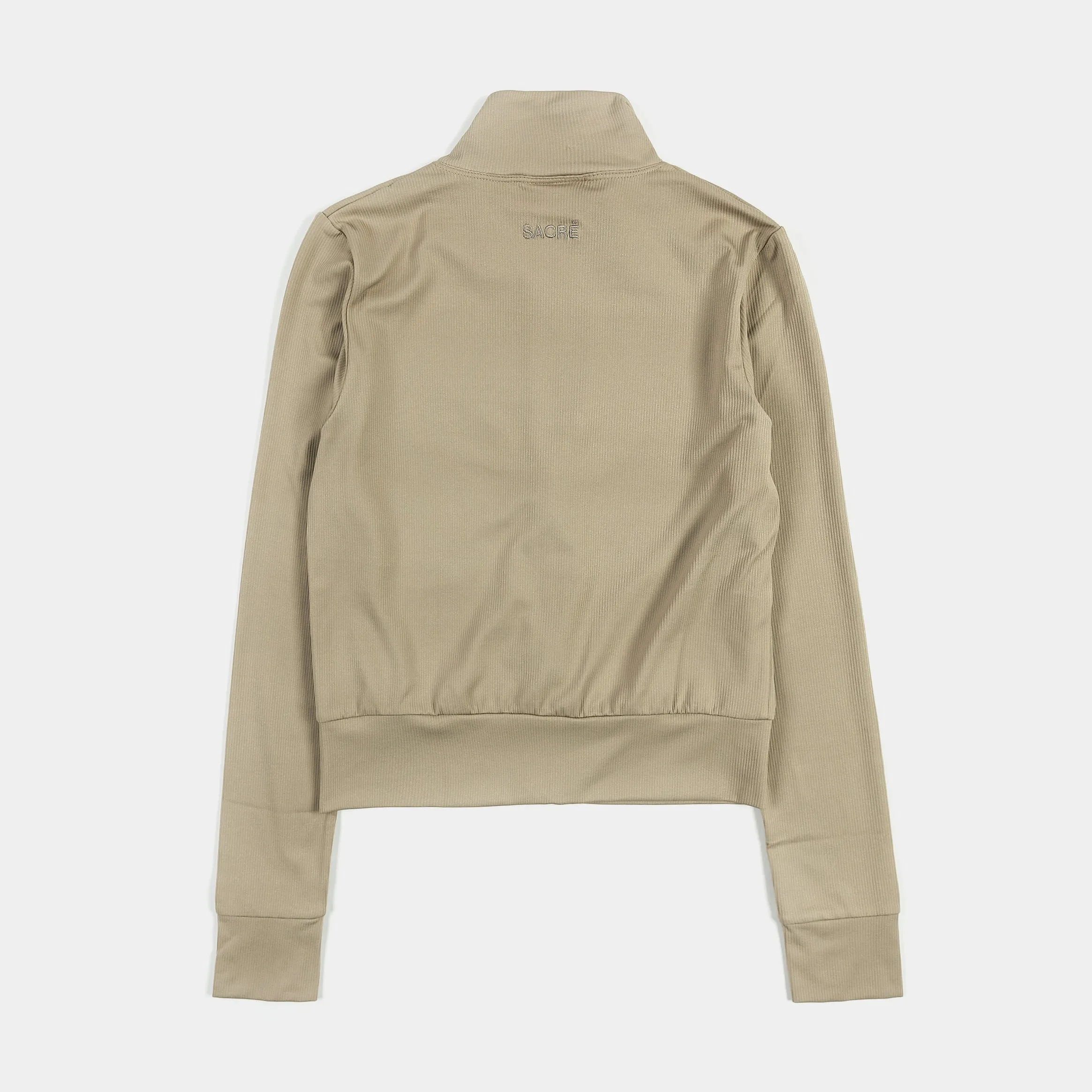 Trendy Sweatpants Ribbed Full Zip Womens Long Sleeve Shirt (Taupe)