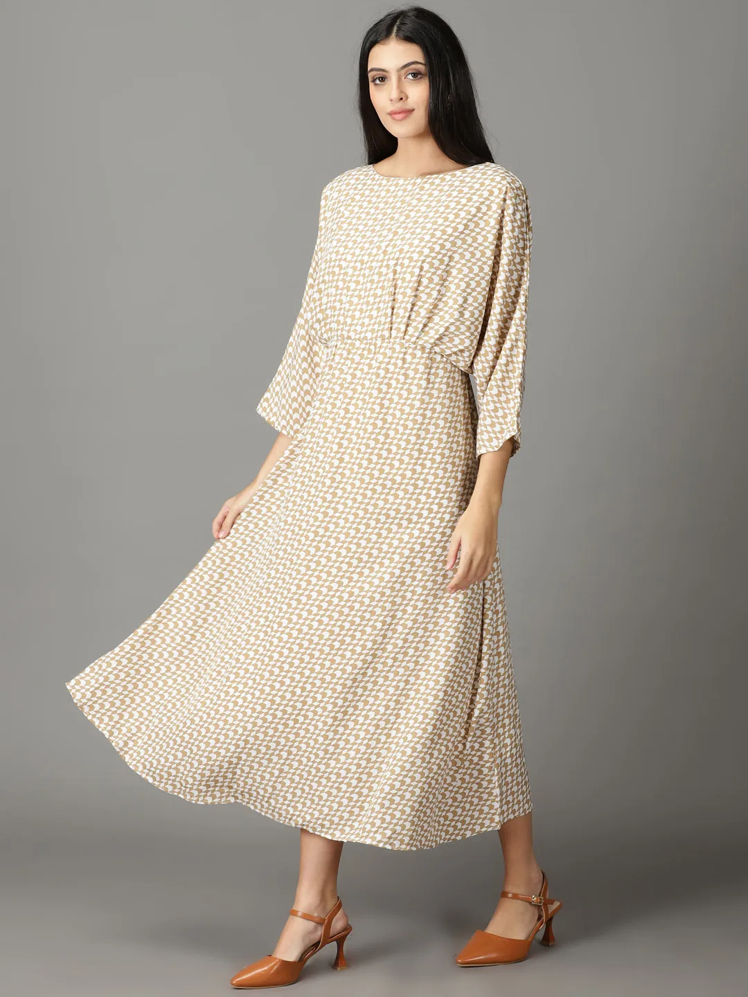 Women's Beige Kimono Sleeve Maxi Dress Elegant Everyday