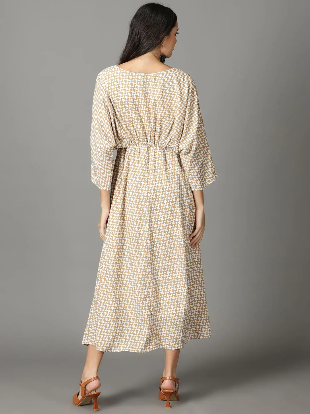 Women's Beige Kimono Sleeve Maxi Dress Comfortable Cut Cozy Base