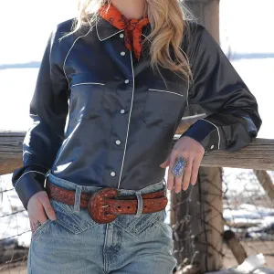 Cruel Women's Satin L/S Western Snap Shirt in Navy Blue UV protected Performance Fit Wear