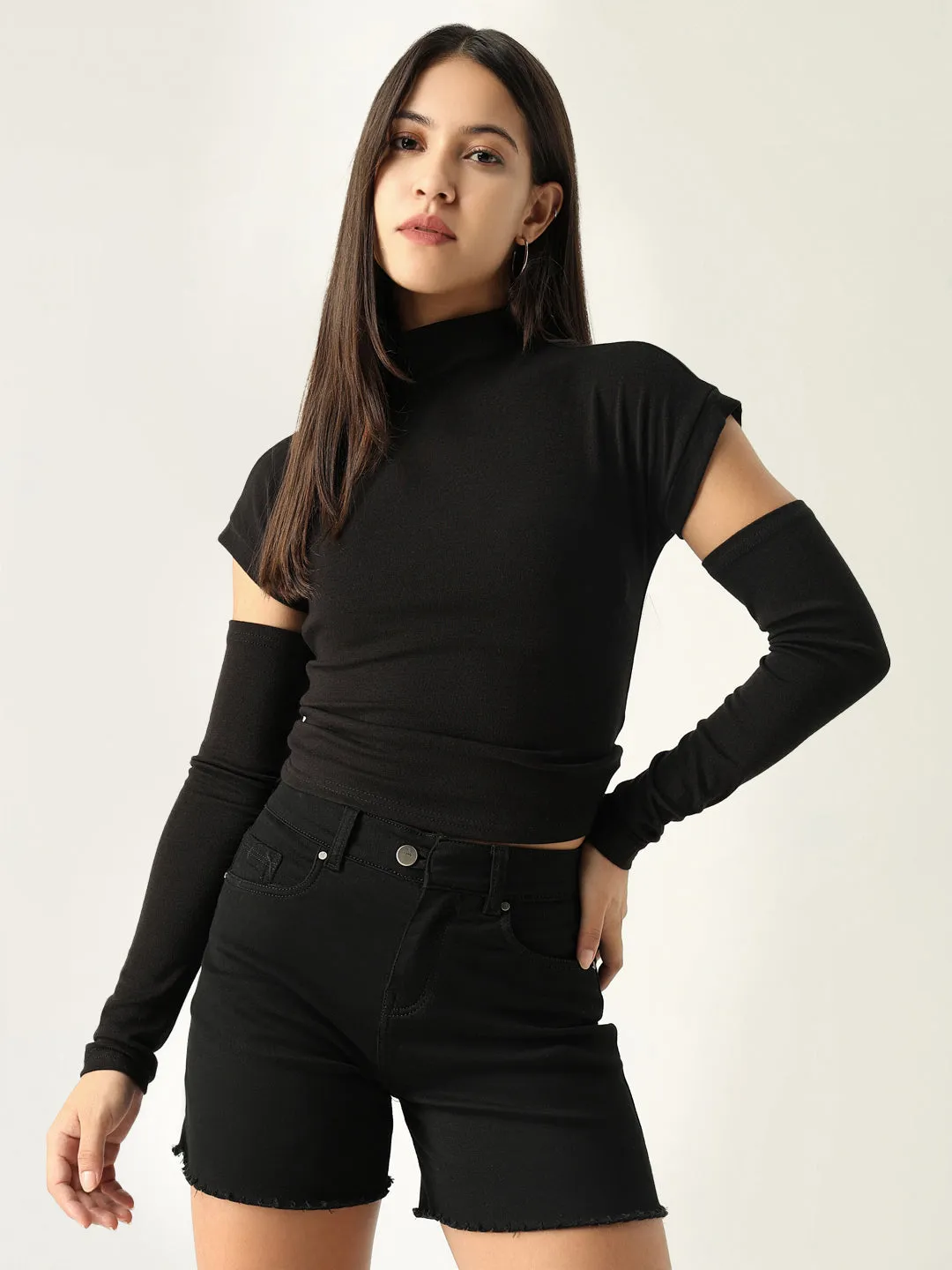 Women's Black Solid High Neck Top Classic Cut Light Fit Wear