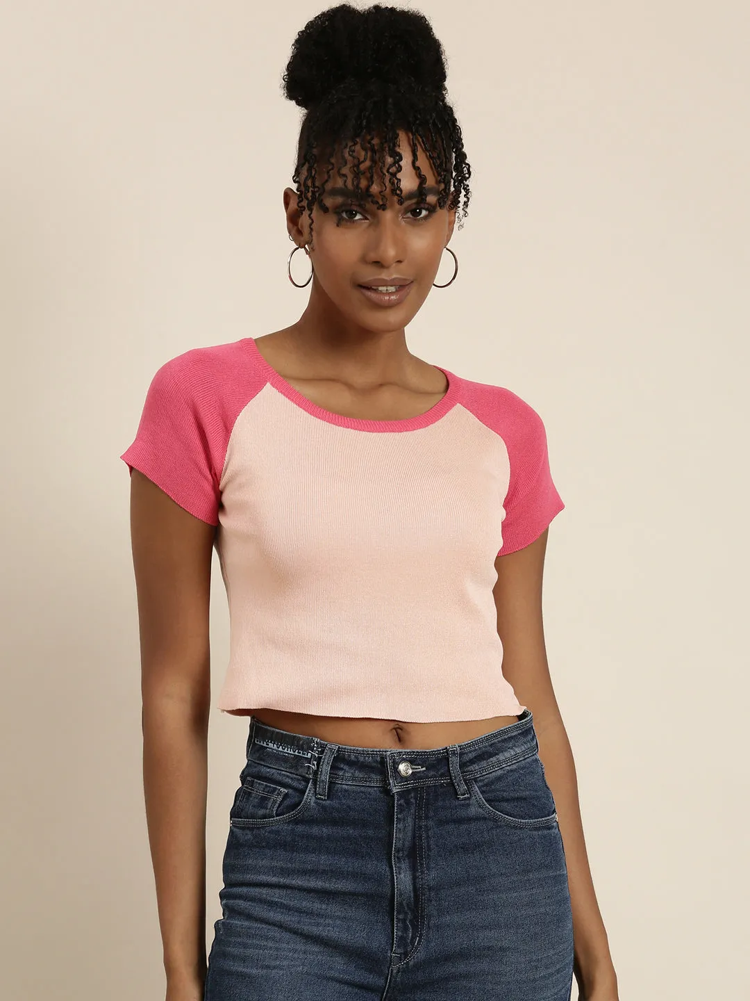 Women's Peach Colour blocked Acrylic Crop Top Non Iron Fabric Pastel color