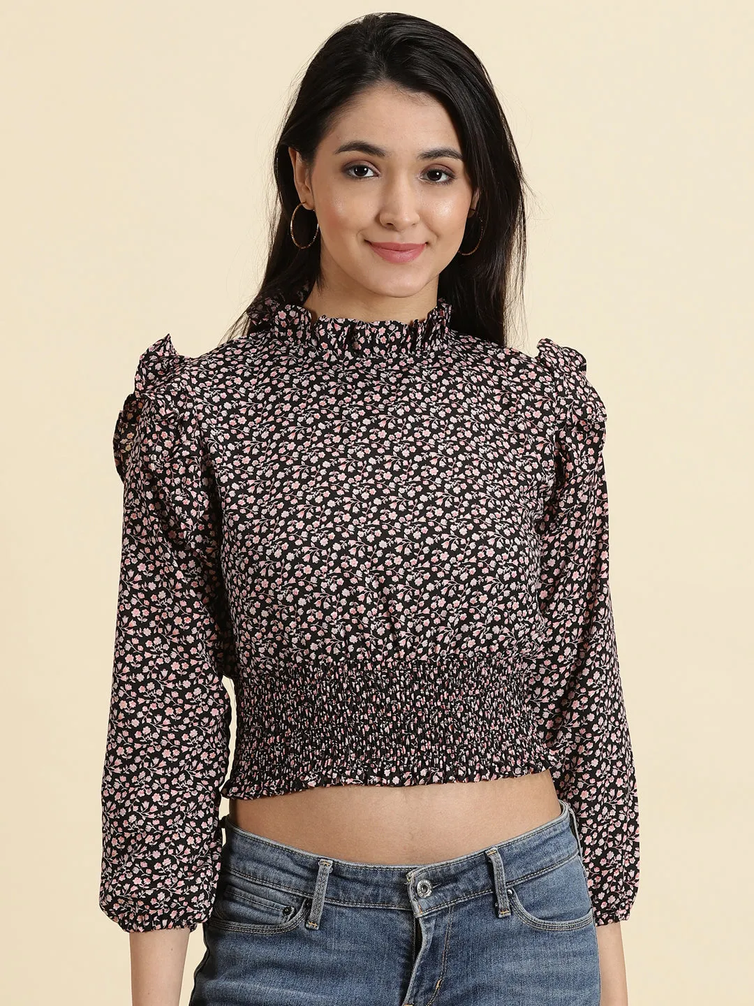 Quick Fit Design Women's Black Floral Print Puff Sleeve Crepe Cinched Waist Crop Top