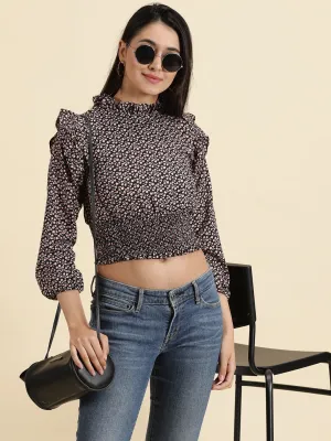 Women's Black Floral Print Puff Sleeve Crepe Cinched Waist Crop Top loose but not baggy All-Season Comfort