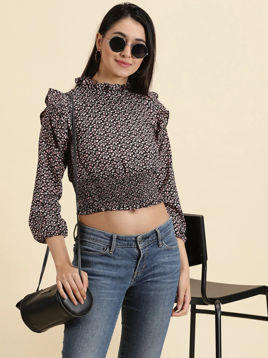 Women's Black Floral Print Puff Sleeve Crepe Cinched Waist Crop Top loose but not baggy All-Season Comfort