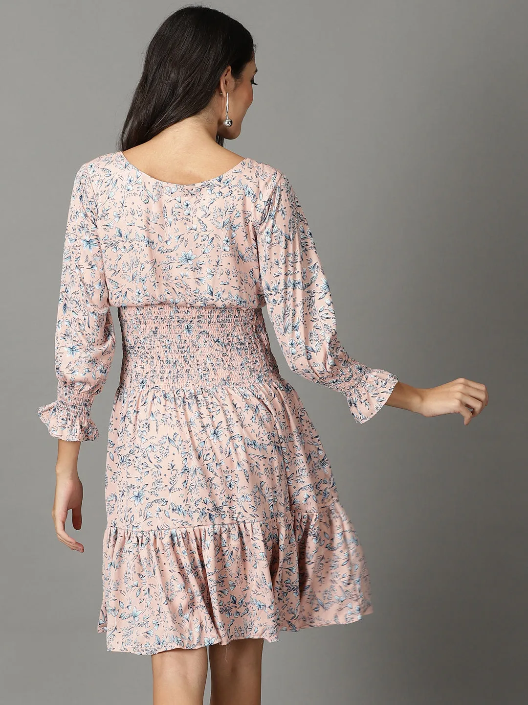 Detachable-Detail Versatile Style Wear Women's Peach Floral Printed Smocked Detailed A-Line Dress