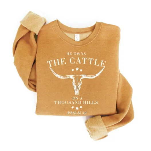 Versatile Look Women's "He Owns The Cattle" Graphic Wordy Sweatshirt in Mustard