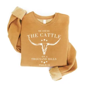 product patchwork creativity Drawcord Hood Women's "He Owns The Cattle" Graphic Wordy Sweatshirt in Mustard