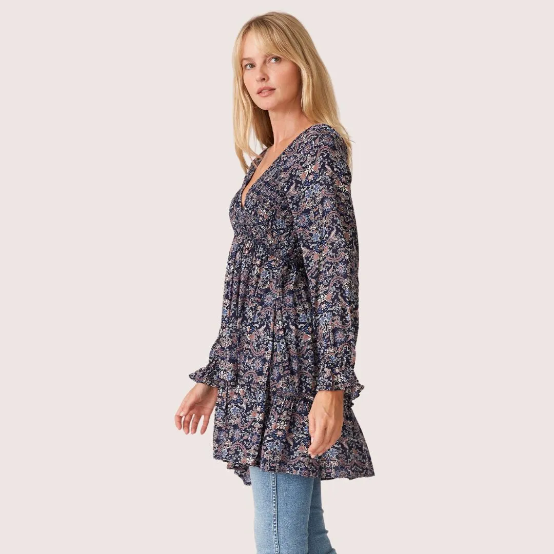Riley Tiered Tunic (Navy   Tan) Night Ready Feminine Energy