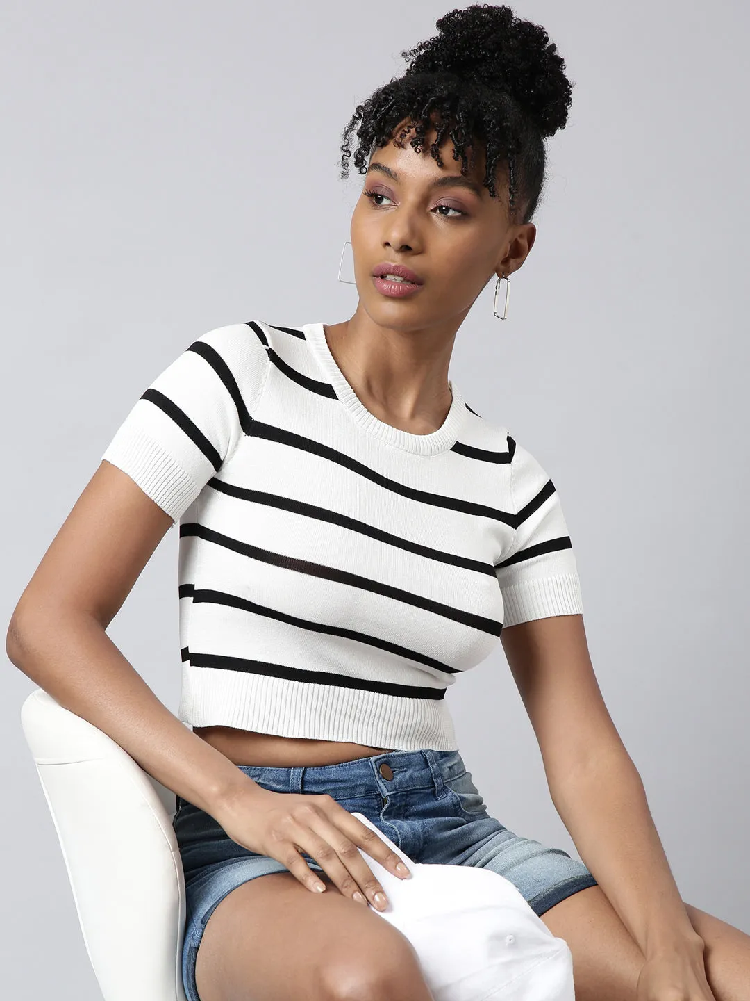 Women's White Striped Round Neck Fitted Crop Top MultipurposeUse No Shrink Fabric