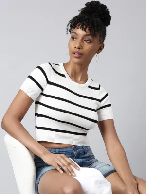 Women's White Striped Round Neck Fitted Crop Top MultipurposeUse No Shrink Fabric