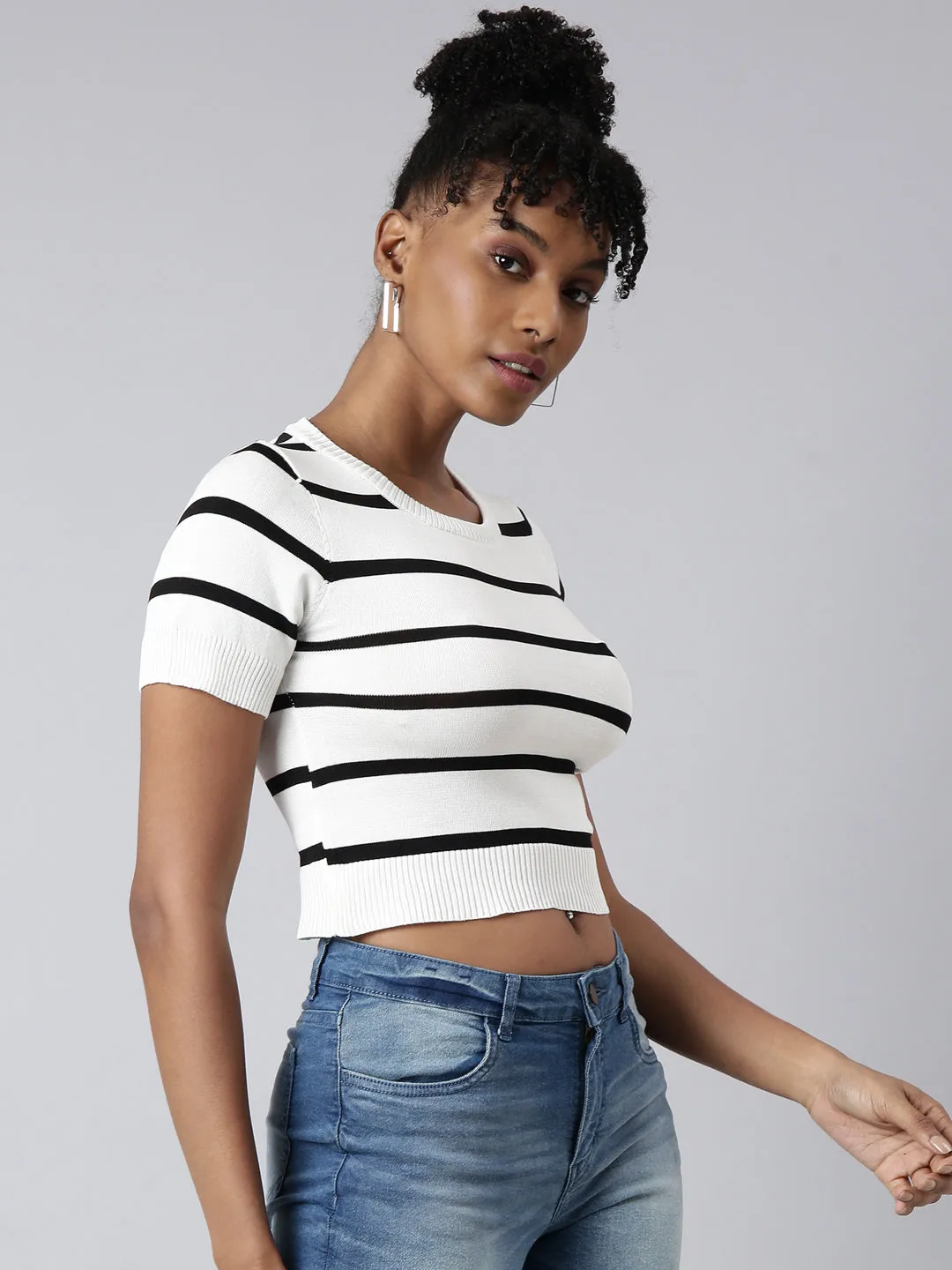 Women's White Striped Round Neck Fitted Crop Top Buttery Soft Fabric