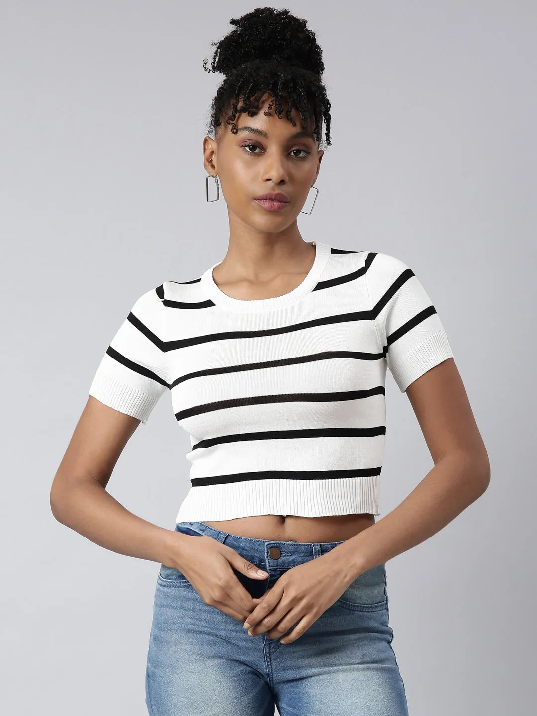 Women's White Striped Round Neck Fitted Crop Top Good stretch