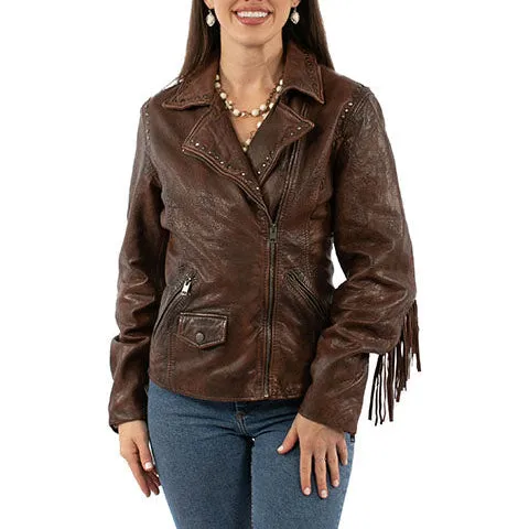 Comfy Fit Ergonomic Seams Scully Women's Studded Fringe Leather Jacket in Cognac