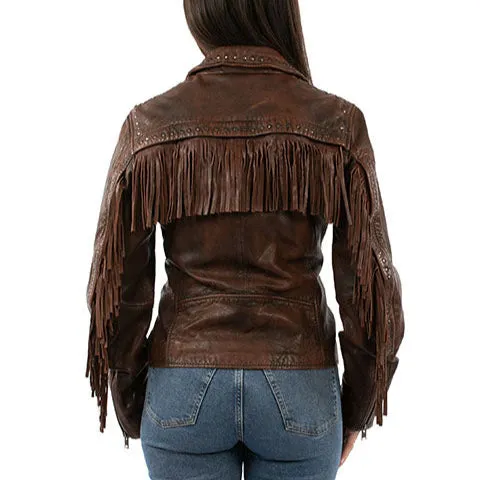Scully Women's Studded Fringe Leather Jacket in Cognac Mild Weather Layer
