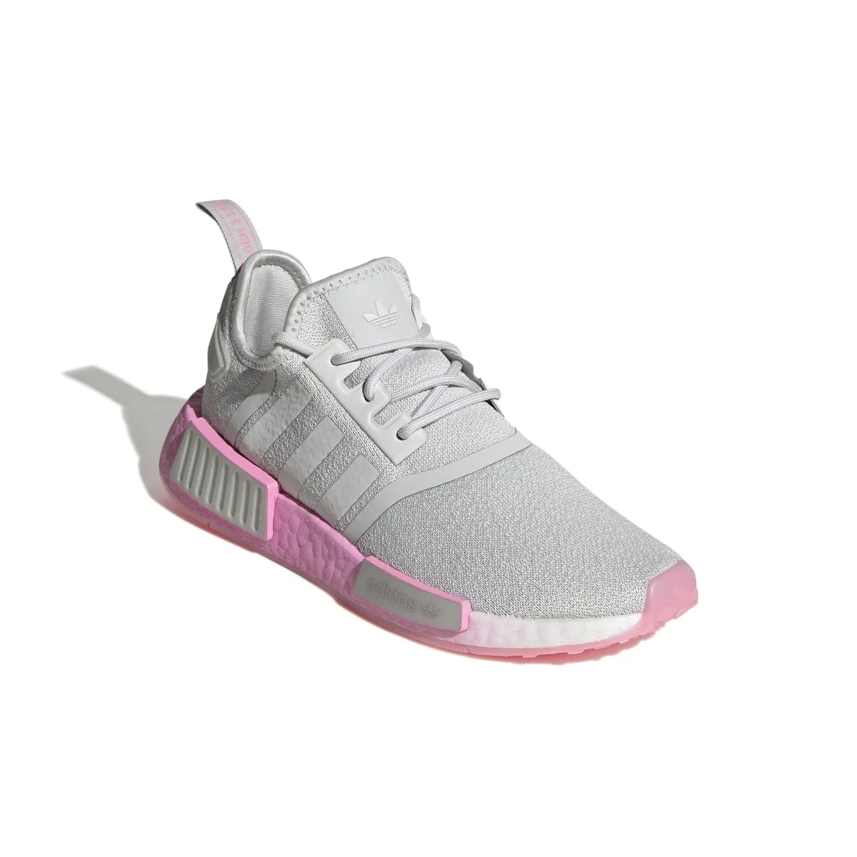 Grounded Footbed Seamless Design ADIDAS GW9462 NMD_R1 WMN'S (Medium) Grey/Pink/White Stretch Fabric Running Shoes