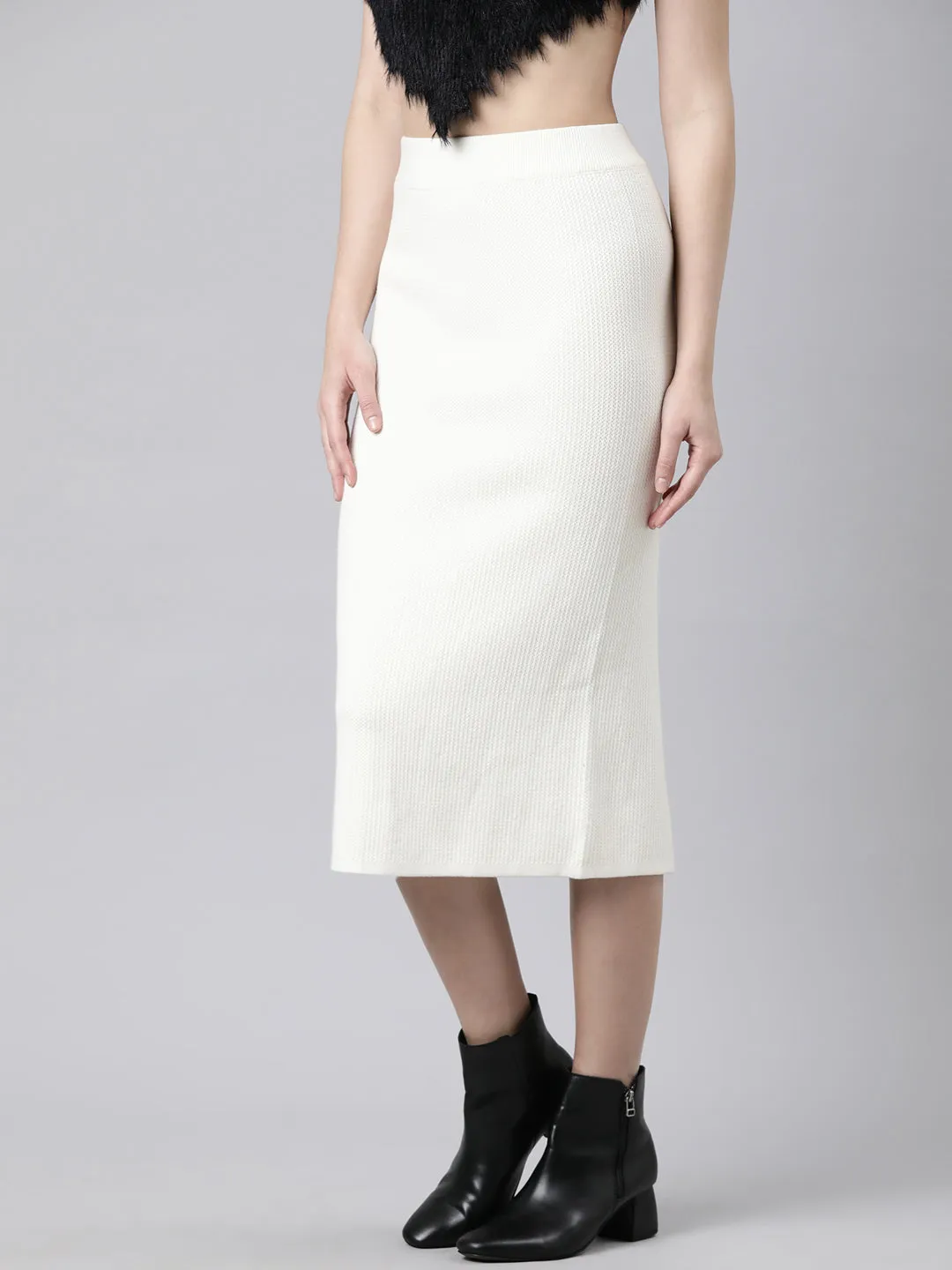 Women's Self Design Cream Straight Midi Skirt Contrast Panel Fresh Energy