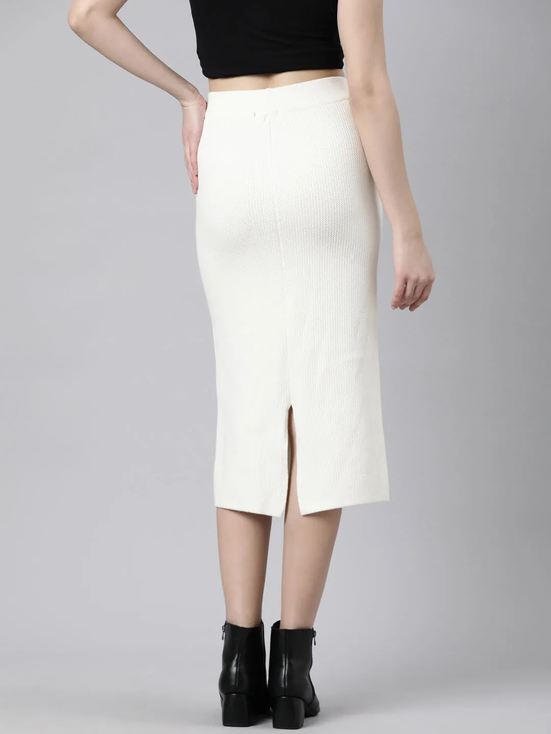 Versatile Outfit Women's Self Design Cream Straight Midi Skirt