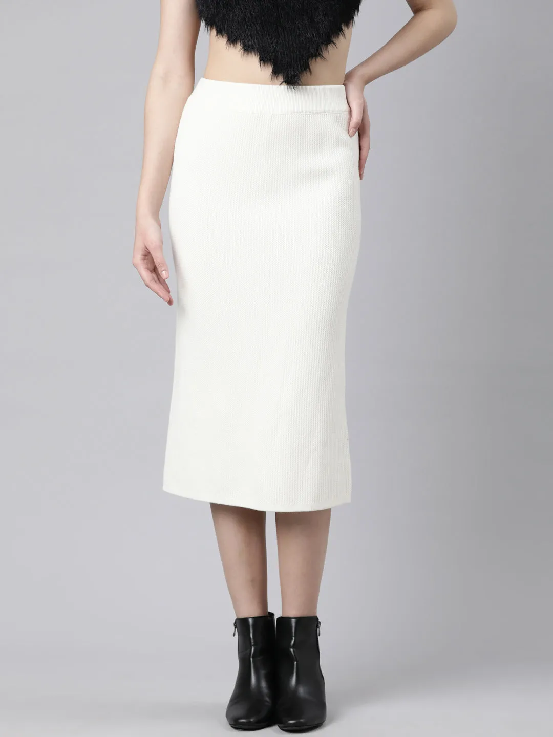 Women's Self Design Cream Straight Midi Skirt Limited Release