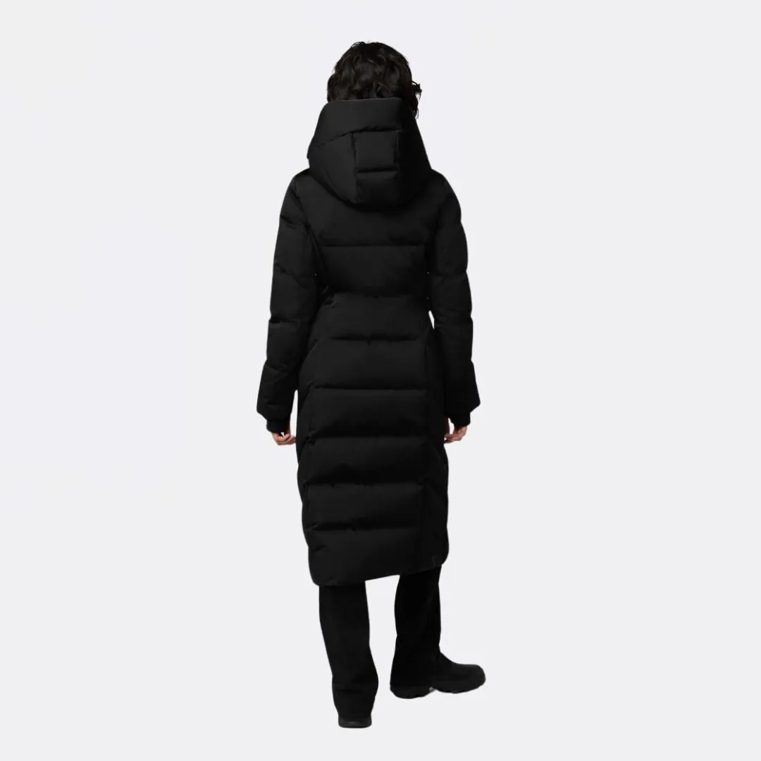 Talyse-C Semi-Fitted Classic Down Coat With Bib & Hood (Black) Layered Collar Design Faux Fur Collar