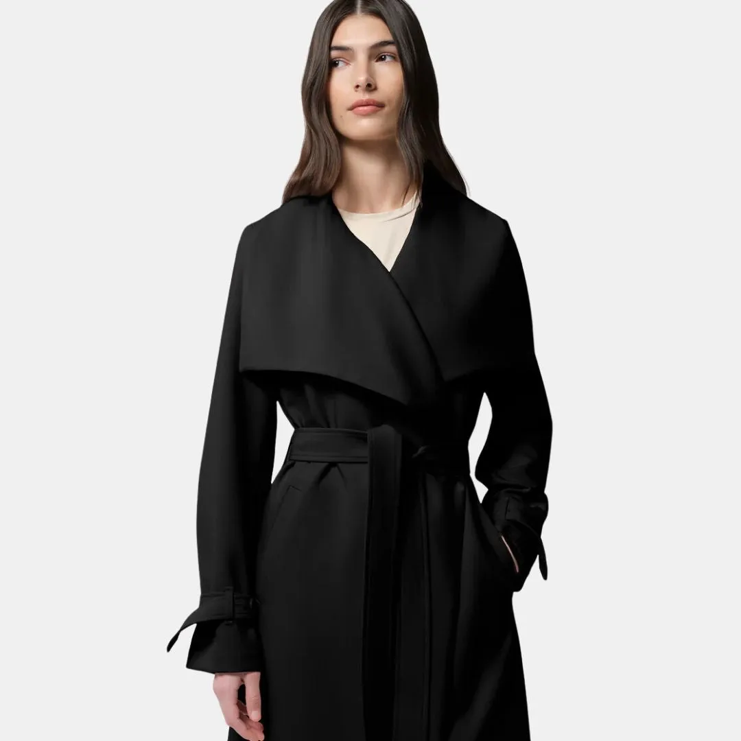 Olivia Relaxed-Fit Belted Trench With Cascade Collar (Black) Weekend Outing Wear Belted Waist