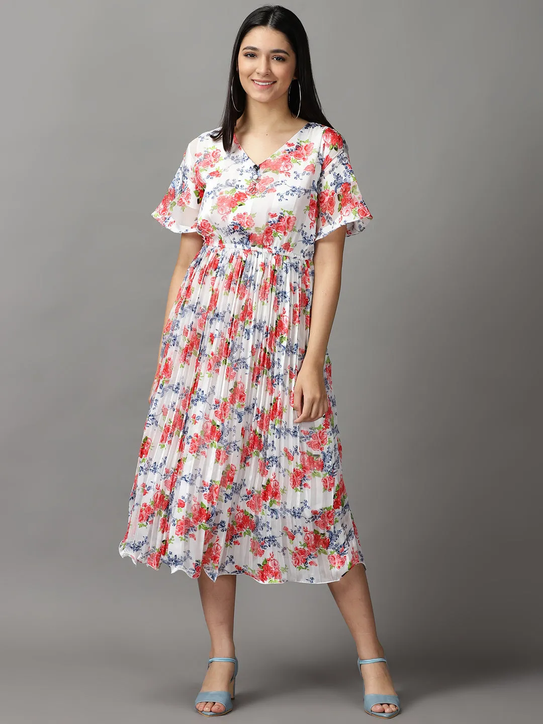 Comfy and Relaxed LowProfileZipper Women's White Floral Printed Midi Dress
