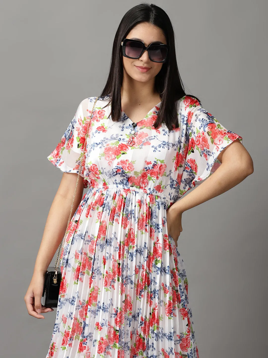 Women's White Floral Printed Midi Dress Silky Shape