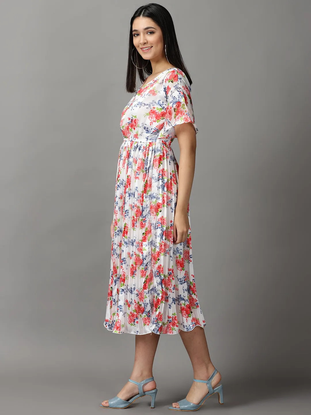 Modern Waist Style Blend Women's White Floral Printed Midi Dress