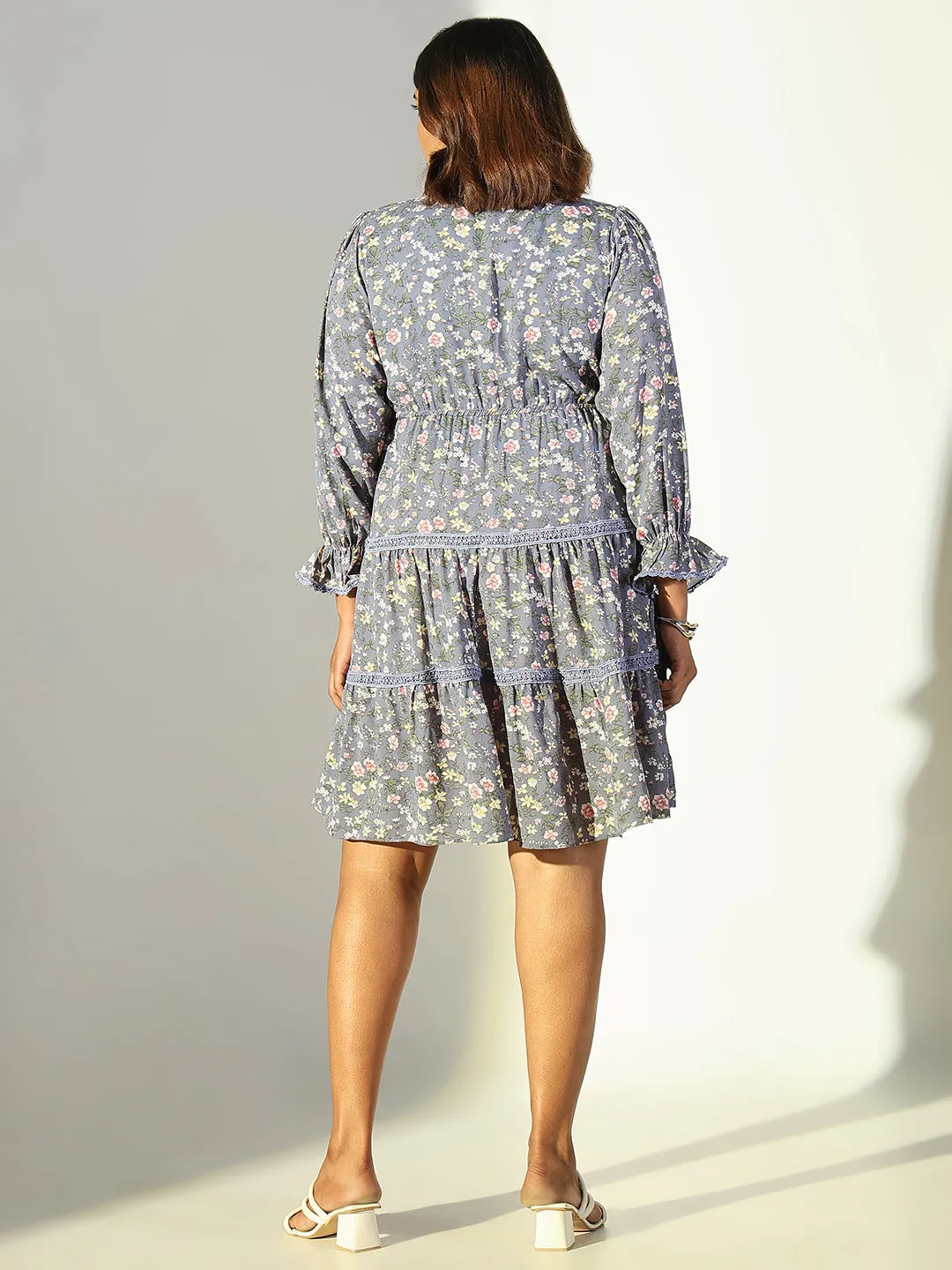 High-waisted evening piece Women's Grey Floral Fit and Flare Dress