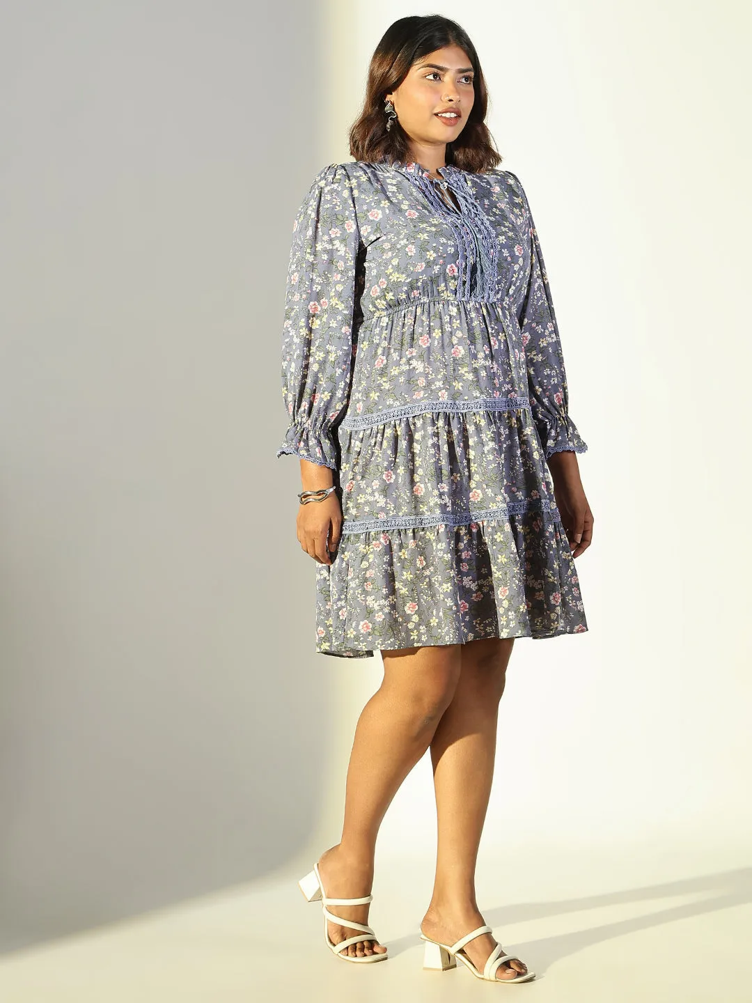 Women's Grey Floral Fit and Flare Dress Formal Style Dreamy Presence