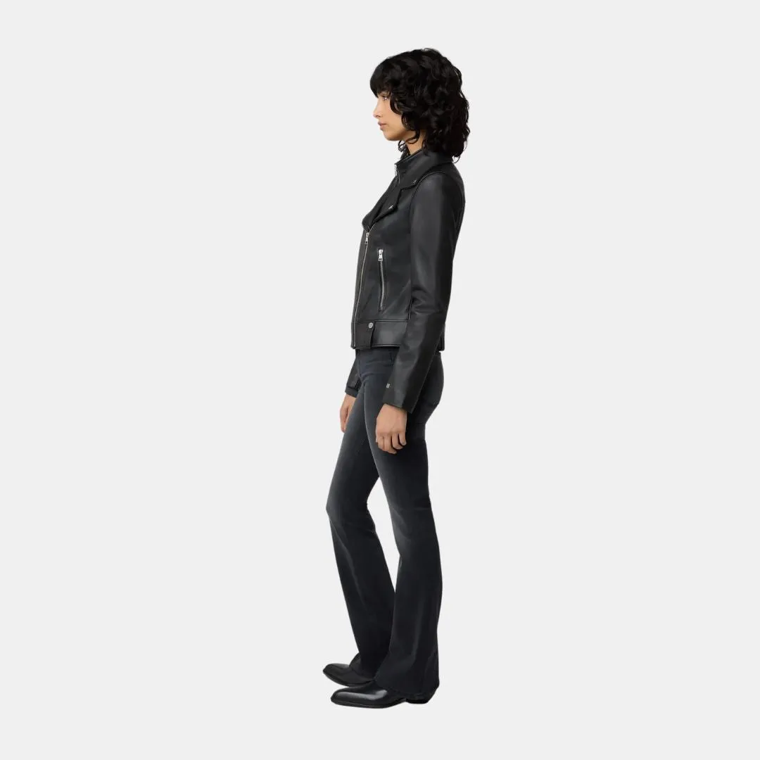 Contoured Silhouette Many Pockets Ryder Perfecto Leather Jacket (Black)