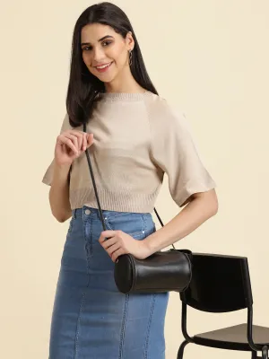 Adult sophistication Women's Beige Self Design Acrylic Styled Back Crop Top