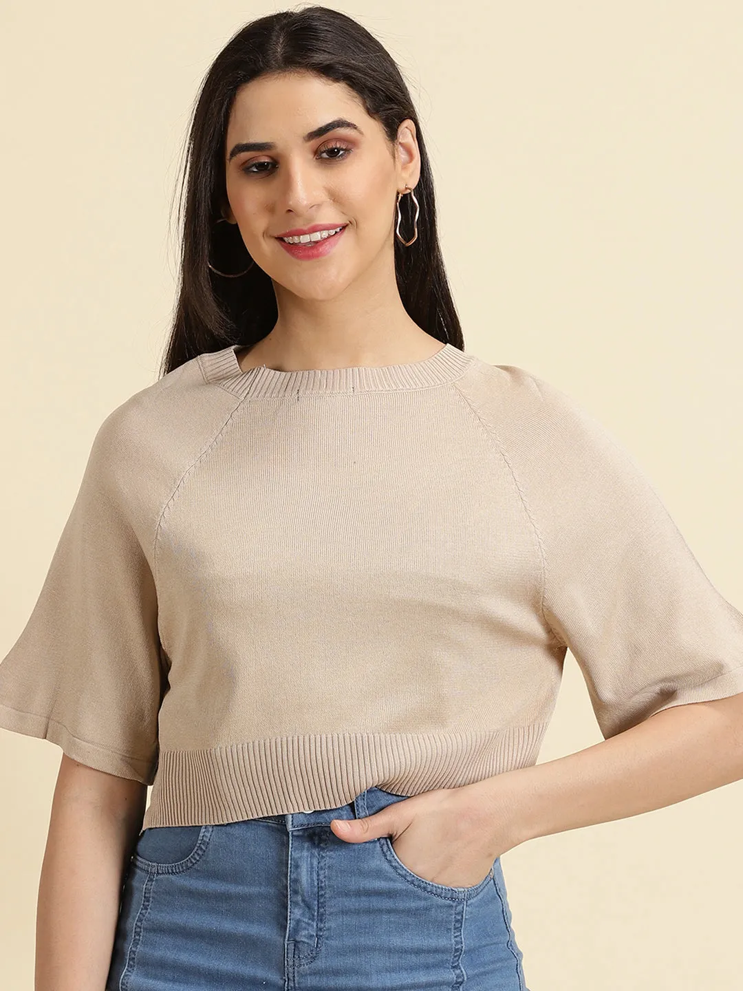 Stretch waistband Feminine Appeal Women's Beige Self Design Acrylic Styled Back Crop Top
