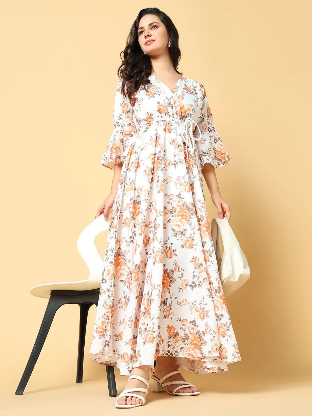 Women's Orange Floral Print Bell Sleeve Fit & Flare Maxi Dress Modern Twist Care-Instructions-Included