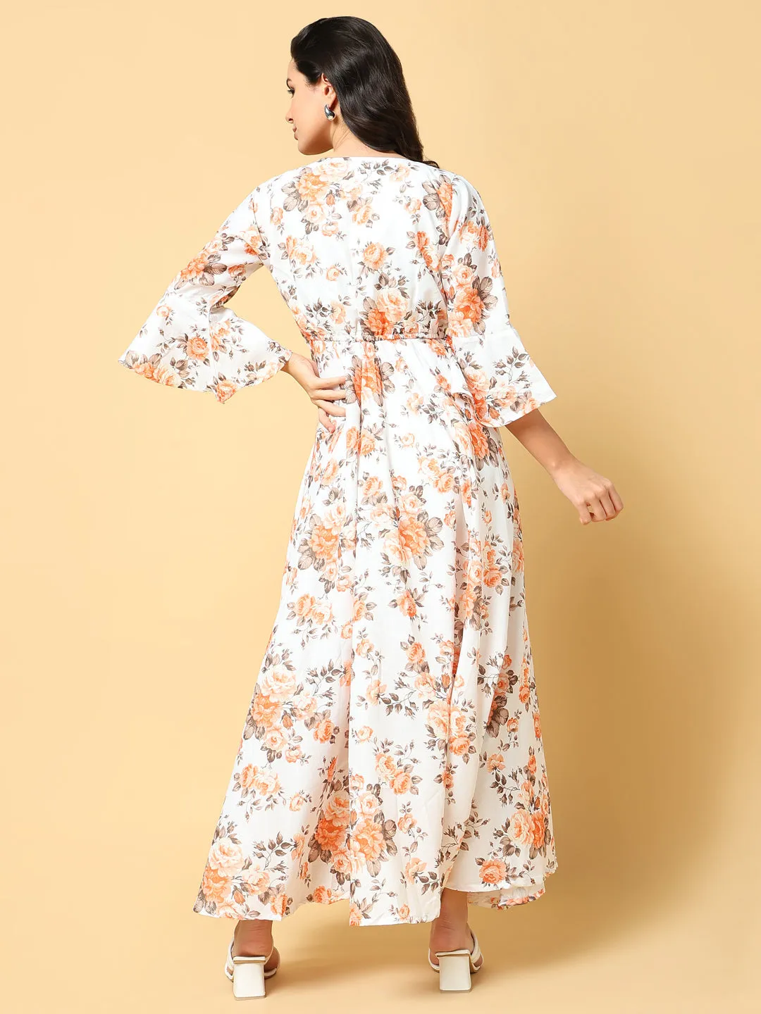 Women's Orange Floral Print Bell Sleeve Fit & Flare Maxi Dress Sleek Waistband