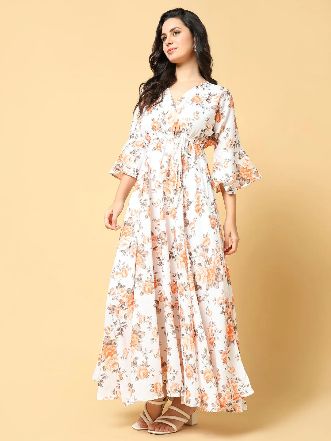 Perfect Style Wear Ribbed-Texture Women's Orange Floral Print Bell Sleeve Fit & Flare Maxi Dress