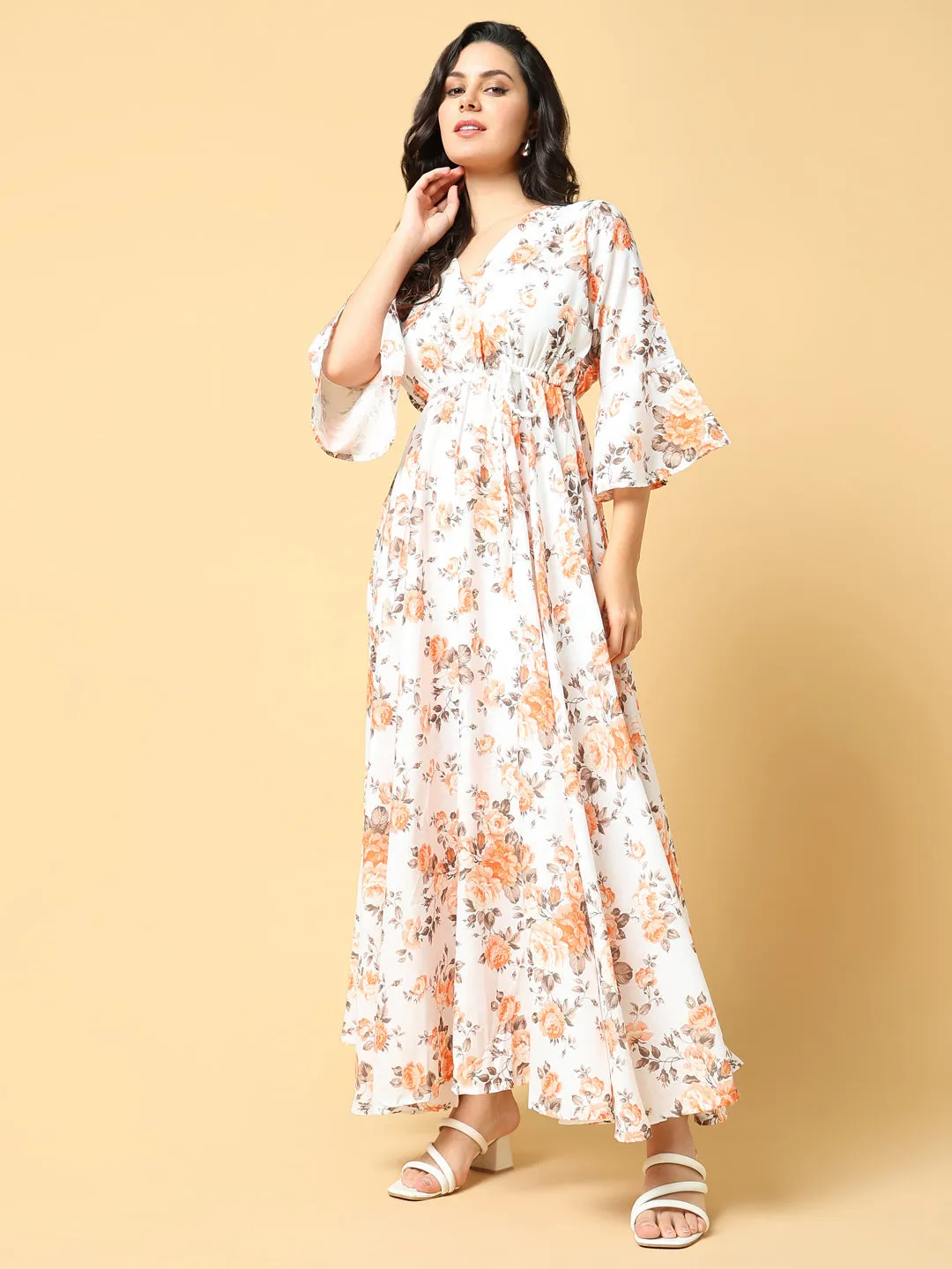 Calm Finish Women's Orange Floral Print Bell Sleeve Fit & Flare Maxi Dress